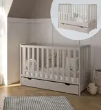 ZEEBRA - Babybett Kinderbett, 2w1 Bett Bambi - Dreistufige Einstellung für nicht Sitzendes, Sitzendes und Stehendes Kind - Drei Abnehmbare Sprossen - mit Schublade und Geländer - 60x120x86cm,Cachemire