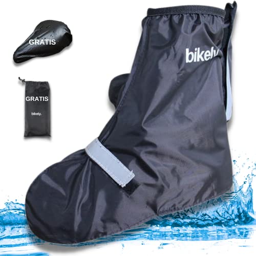 sweatness Fahrrad Regenüberschuhe Wasserdicht Inkl. Sattelbezug - Gr. 44-46 Schwarz mit Reflektoren Streifen und einfachen Größeneinstellung für Damen und Herren