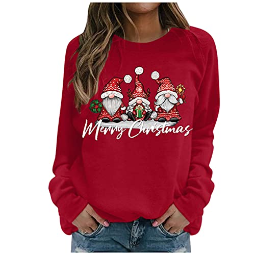 SHINEHUA Weihnachtspullover Damen Sweatshirt Rundhals Langarm Weihnachten Pullover Casual Christmas Sweat Oberteile Merry Christmas Sweatshirt Weihnachtspulli Teenager Mädchen Pulli Tops (i-Red, L)