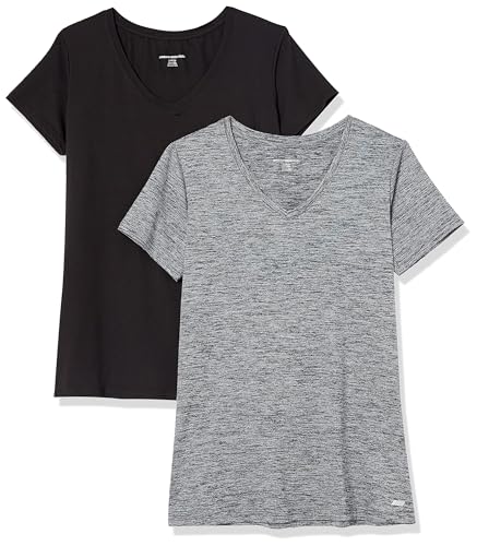 Amazon Essentials Damen Active Quick Dry Tech Stretch Kurzarm-T-Shirt mit V-Ausschnitt (in Übergröße erhältlich), 2er-Pack, Kohlegrau Space-dye/Schwarz, M
