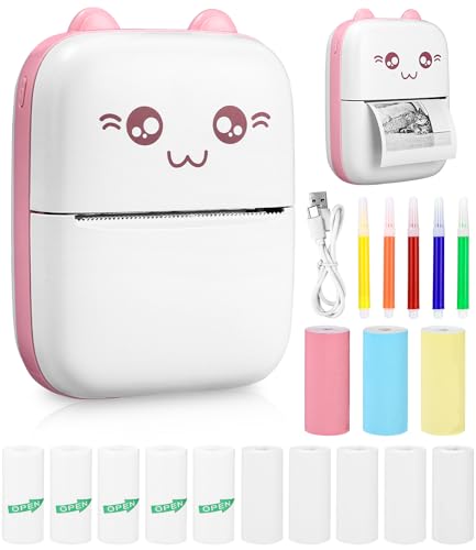 Zounin Mini Drucker, Tragbarer Fotodrucker, Smartphone Bluetooth Drucker mit 13 Rollen Papier und 5 Farben DIY Stift, Wireless Fotodrucker Thermodrucker für tägliche Notizen, Bürohilfe, rosa Katze