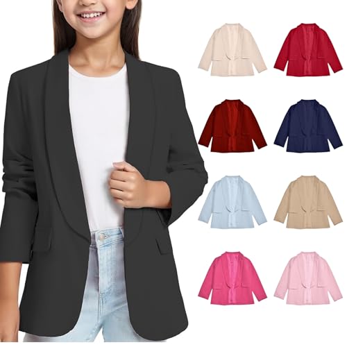 Mädchen Blazer Langarm Einfarbig Casual Blazer Frühlings-Sommer Open Front Jacke Anzug Frühling Mantel mit Doppelter Seitentasche Formale Trenchcoat Anzugjacke für Kinder Schwarz 150