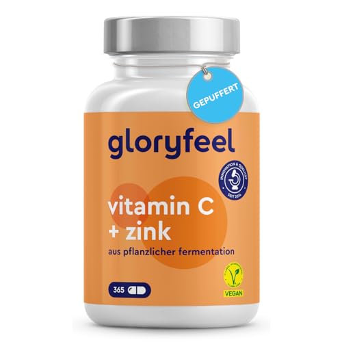 Vitamin C 365 Kapseln - Hochdosiert mit 1000mg + 20mg Zink - Pflanzlich fermentiert & gepuffert (pH-neutral, säurefrei, magenschonend) - Laborgeprüft, vegan ohne Zusätze hergestellt