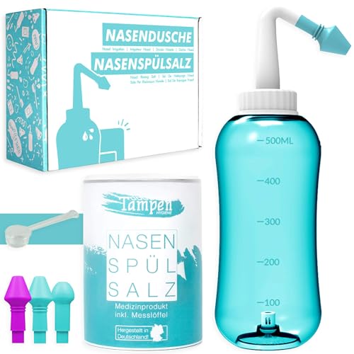 Nasendusche Set · 120x Nasenspülsalz (300g) · Messlöffel (1g) · 3 Aufsätze für Erwachsene & Kinder · Tampen Hygiene · Premium Nasenspülung · Nasenspülkanne · Nasenreinigung