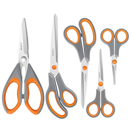 Asdirne Schere, Küchenschere mit Scharfen Edelstahlklingen und Weichen Griffen, Multifunktionales Scherenset, 5PCs, Orange/Grau