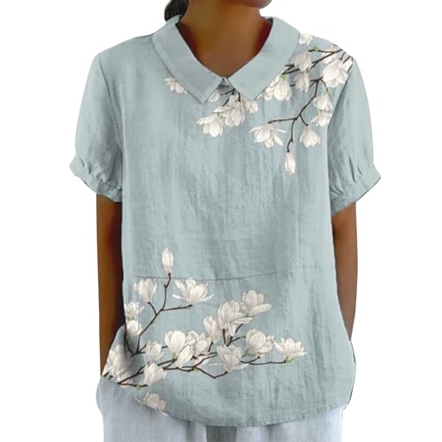 Angebote T-Shirt Damen Rundhals 2024 Button-Down Kurzarm, Sommer Herbst Duftende Hanf Revers Art Floral Shirt Blusen Freizeit Locker Hemd Oberteil Lässiges Mode Oberteil 2038 N Prime Angebote Damen