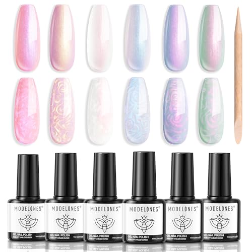 Modelones UV Nagellack 6 Farben Rosa Weiß Pearl Effect Gel Nagellack mit Stick den Kreis zeichnen für Frühling Sommer