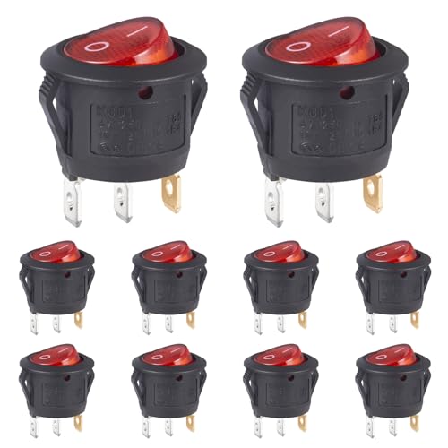 VEXUNGA Kippschalter 3 Polig Rund Wippschalter Rot Beleuchtet 6A 250V AC 10A 125V Ein/Aus SPST 3Klemmen Runde Schalter Rotes Licht Einbauschalter (10 Stück)