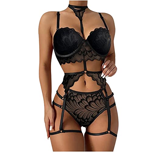 Awrvia Angebote des Tages Heute Dessous Damen Sexy Unterwäsche Push Up Spitzen-BH und Höschen Verstellbar Riemen 2-teiliges Set Erotisch Tüll Transparent Lingerie Hohe Taille Zweiteiliges