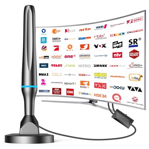 DVBT2 Antenne, zimmerantenne DVB-T & DVB-T2 Antennen mit Verstärker, Großer Reichweite und 360° Empfang, Zimmerantenne für Fernseher mit Starkem Magnetfuß, Geeignet für 4K 1080p & Alle TV-Geräte