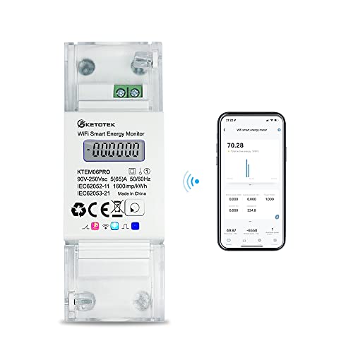 KETOTEK Smart Stromzähler Hutschiene 1 Phasig Bidirektional, Digital Energiezähler WLAN 5(65) A 90-250V, Zweirichtungszähler 1 phasig, KWH Zähler WLAN-Fernbedienung von App