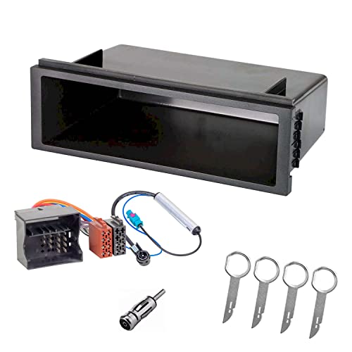 Audioproject A257 - Autoradio Einbau-Set Radioblende Fach 1DIN Radio für VW Polo 9N / 9N3 Lupo Golf 4 T4 T5 Passat - Radioadapter 2 x Antennenadapter Fakra DIN ISO 4 x Entriegelungsbügel