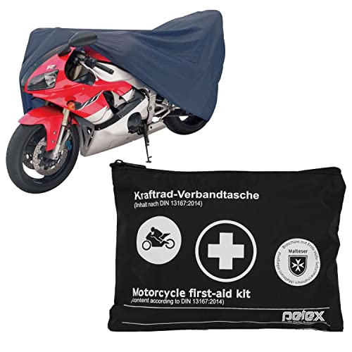 PETEX Motorrad Schutzgarage, Größe M: ca. 203 x 89 x 119 cm, blau und Motorrad Verbandtasche nach DIN 13167, schwarz - Set