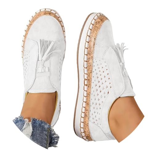 pxjsdwe Orthopädische Schuhe Damen Leicht Plateau Sneaker Weiss Mesh Atmungsaktiv Freizeitschuhe Sportschuhe Quasten Mode Bequeme Loafer Sommerschuhe Breite Füße rutschfest Turnschuhe Barfußschuhe