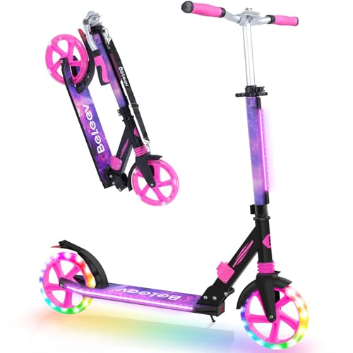 BELEEV V8 Big Wheel Scooter mit LED Leuchtenden Räder, Lenksäule &Deck, Höhenverstellbar, ABEC-9, Federung &Tragegurt, Faltbare, Cityroller 6 Jahre, Kick Scooter für Kinder, Jugendliche & Erwachsene