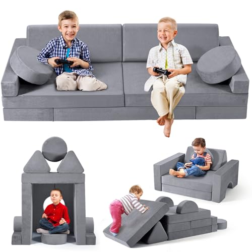 CUPCHID Kindersofa,modulare Kinderspielcouch, Kindersofa,Schlafzimmer- und Spielzimmermöbel für Kleinkinder, umwandelbares Schaumstoff (14er Set - grau)