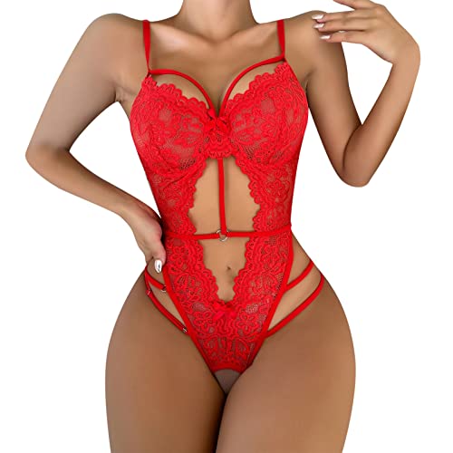 Frauen-Mode-Spitze-Wäsche-Mesh-Wäsche-dreiteiliges Set Sexy rote Unterwäsche Sexy Frau (Red, L)