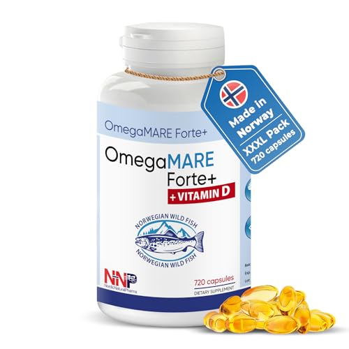 OmegaMARE Forte+ | Omega-3 XXXL Pack aus wildem norwegischem Lachs mit EPA, DHA, DPA & Vitamin D3 | 720 Kapseln für Herz, Gehirn & Immunsystem