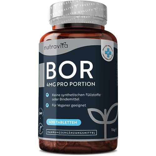 Boron - 4mg Reines Bor je Tablette - 400 Tabletten - 13 Monate Vorrat - Laborgeprüft - Ohne unerwünschte Zusätze - Hochdosiert - Veganfreundlich - Hergestellt von Nutravita