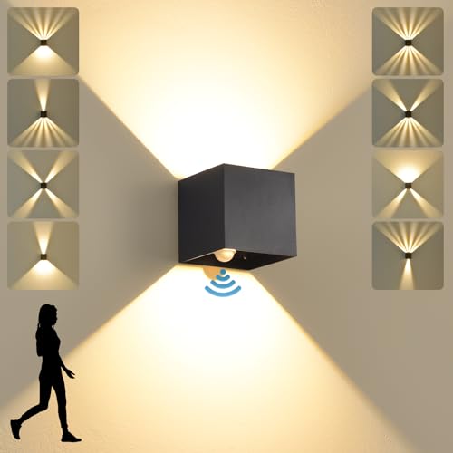 SANSHI LED Wandlampe mit Bewegungsmelder,12W Innen/Aussen Lampe Wand,IP65 Wasserdichte Außen Wandleuchte,3000K Warmweiß Aussenlampe,Modern Aussenleuchte mit Up Down Einstellbar Abstrahlwinkel,schwarz