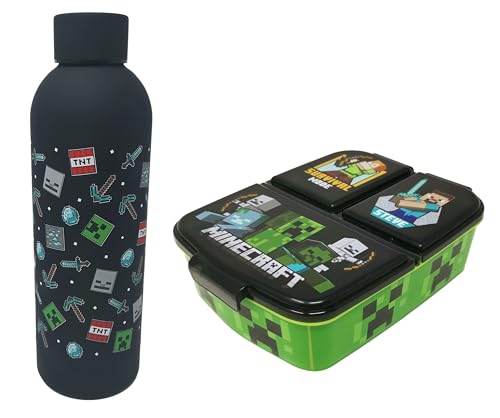 Theonoi Brotdose Set Minecraft Creeper Kinder Lunchbox Sandwichbox mit Unterteilung/Fächern und Trinkflasche Wasserflasche aus Stahl (Schwarz)