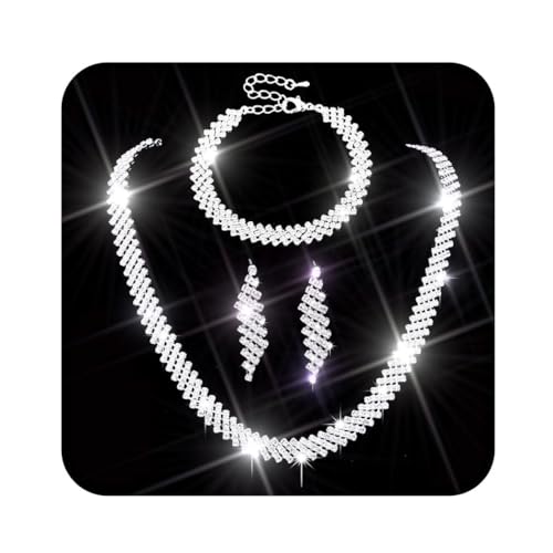 Ushiny Brautschmuck Set Silber Hochzeit Strass Schumuck Glitzer Kette Ohrring und Armband Breit für Damen