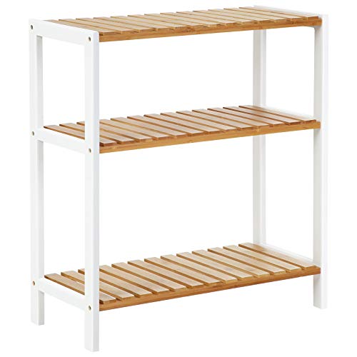 SONGMICS Badezimmerregal, Badregal, Küchenregal, Schuhregal, Standregal aus Bambus, 26 x 60 x 66 cm, ideal für Bad, Wohnzimmer, Flur, Küche, naturfarben-weiß BCB33WN