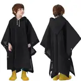 QMAHA 2 Stück Kinder Regenponcho Wasserdicht, Wiederverwendbar Eva Kinder Regenmantel mit Kapuze für Mädchen Jungen, Leichter Regenjacke Regencape für Schule Wandern Radfahren Camping - Schwarz