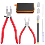 Professionelles Glasschneider Set - Profi Glasbrech- und Fugenzange Pliers mit Handschneider, 2x Ersatzschneidkopf, Stoffbeutel, Geeignet für dickes Glas Mosaik Fliesen Spiegel Akkurate Schnitte