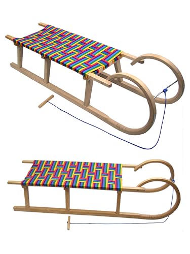 Hörnerrodel [Holzschlitten Hörnerschlitten] mit Zugseil Leichtlauf-Stahlkufenbeschläge 120cm Buchenholz Rodel mit Gurtsitz Kunstfasern 2 Personen bunt + GRATIS