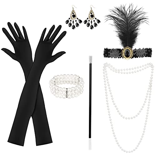 KEWUZY 6 Teiliges 20er Jahre Accessoires, 1920 Zubehör Set, Great Gatsby Party Kostüme Damen mit Flapper Stirnband Handschuhen Perlenkette Ohrringen für Halloween Weihnachten