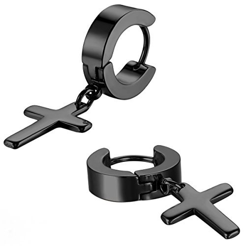 JewelryWe Schmuck Herren Damen Ohrringe, Kreuz Creolen Ohrstecker, Edelstahl, Schwarz