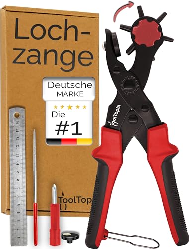 Lochzange für Leder [KOMPLETTSET], Locheisen | Lochstanzer als Leder Werkzeug, Papier, Gürtel Locher, oder Lochstanze für Stoff, Biothane, Kunstleder etc. Hole Puncher mit Komforthebel