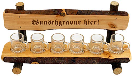 Schnapsbank mit Gravur - Name oder Spruch - aus Holz mit 6 Schnapsgläser in Bierkrug Optik, originelles Geschenk für Hochzeit, Silberhochzeit, Geburtstag, Stammtisch, Jubiläum ...