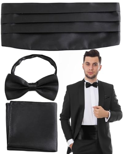 BARRU 3 pcs Set Kummerbund Herren Halloween Verstellbarer Kummerbund für Smoking Frack Anzug Hemd, Mit Fliege und Einstecktuch, schwarz