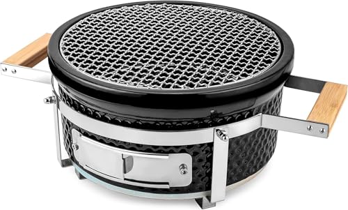 Shichirin-Grill, traditioneller japanischer Keramik-Grill mit Holzgriffen für einfaches Umstellen, Temperaturregelung über Lüftungsschieber,mit Edelstahl-Grillrost, geeignet für Holzkohle