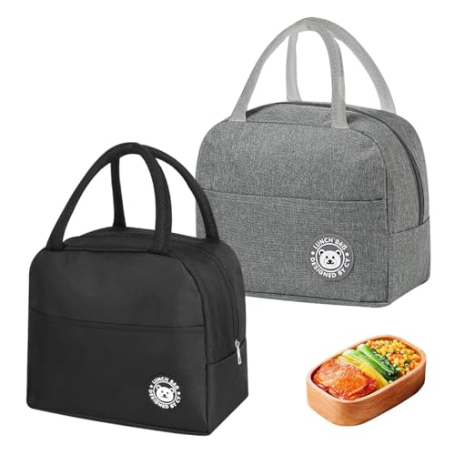 Qichan 2 Stück Kühltasche Klein 7L, Isolierte Lunchtasche mit Folienfutter, Schwarz und Grau Thermische Lunchbox Tasche Tragbare, Kühltasche Klein Faltbar für Picknick, Schule, Büroarbeit, Reisen