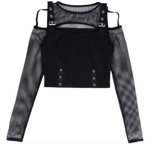 Gothic Punk Mesh Off Schulter Langarm T-Shirt Top Frauen Cyberpunk Aushöhlen Grunge Fishnet Crop Top Party Club T-Shirt,schwarz,L