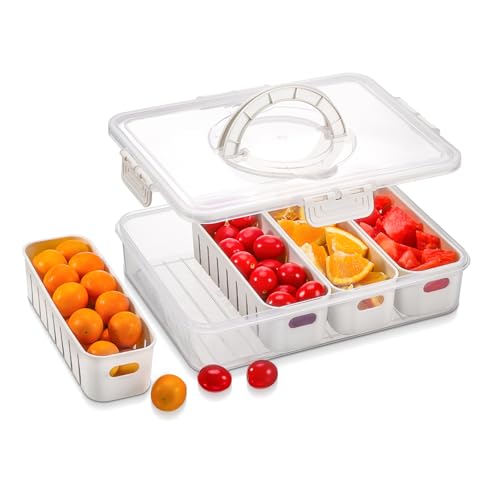 Hejo Snackbox mit Fächern, Snackteller mit Deckel Sieb, Gemüse Obst-Aufbewahrungsbox mit Griff, Snack Aufbewahrungsbox, Mehrweg Picknick Box, Snack Container für Party, Camping, Küchen(31 x 24 x 7 cm)