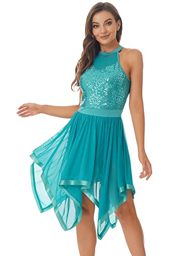 iEFiEL Damen Glitzer Ballettkleid Pailletten Ballettkleidung Ballett Trikot Swing Kleid Latein Tanzkleid mit Unregelmäßig Rock Leotards Trikot Kleider Xa Grün M