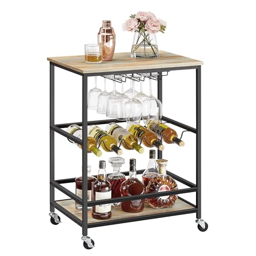 VASAGLE Barwagen, Servierwagen mit Rollen, Glashalter, Weinhalter, 40 x 59 x 82 cm, industriell, für Zuhause, Bar, Küche, Esszimmer, Türkisbraun und einfach schwarz ULRC087B60
