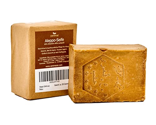 Carenesse Aleppo Seife 60% Olivenöl 40% Lorbeeröl ca. 200 Gramm, original Olivenölseife Haarseife Naturprodukt vegan handgemacht - Duschseife Naturseife