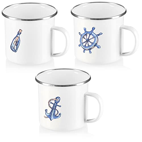 com-four® 3x Emaille-Becher - Trinkbecher aus emaliertem Edelstahl - Teepott - Kaffeetasse für Outdoor und Camping - 3-teiliges Becherset - spülmaschinengeeignet (weiß - maritim)