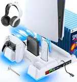 OIVO PS5/PS5 Slim Ständer mit 3 stufig Lüfter und Licht, PS5 Standfuß mit 4 USB Ports/PS5 Controller Ladestation/Headset Halter/Remote Steckplatz/14 Spiele Aufbewahrung für PS5 Zubehör