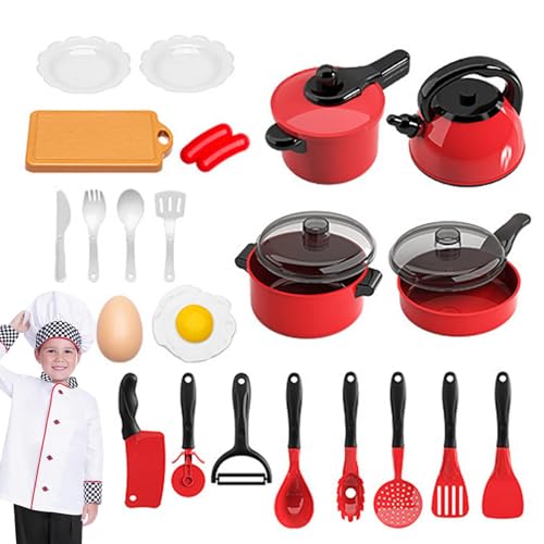 Küchenspielzeug Zubehör, 24 Stück Tragbare Kinderküche Kochset aus Sicherheitsmaterial, Rollenspiel Kochgeschirr mit Töpfen & Utensilien für Kleinkinder ab 3 Jahren, Echte Lebensmittelherstellung