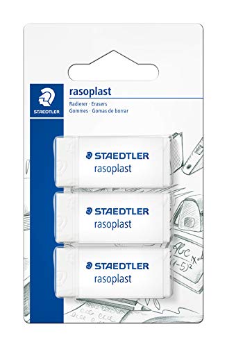 STAEDTLER 526 B3BK3D Radierer rasoplast phtalat- und latexfrei,, 19 x 13 x 43 mm, 3 Stück auf Blisterkarte, weiß
