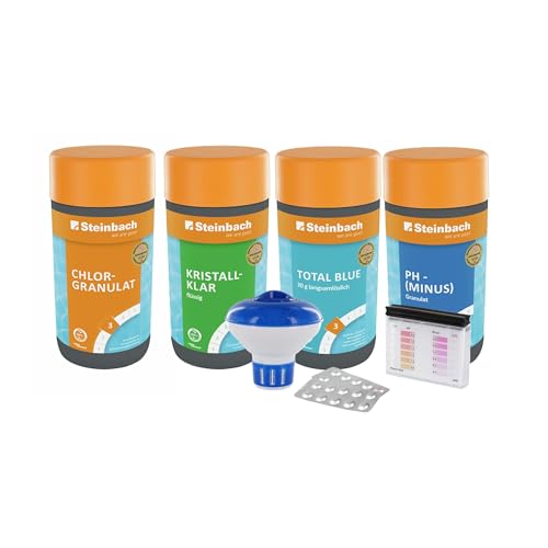 STEINBACH | Wasserpflege Starter Set I Pool Chlor Starterset für Einsteiger I Mini-Multitabs, Kristallklar, Dosierschwimmer, Testkit, pH-Senker & Chlorgranulat | Pool-Zubehör-Set für Anfänger