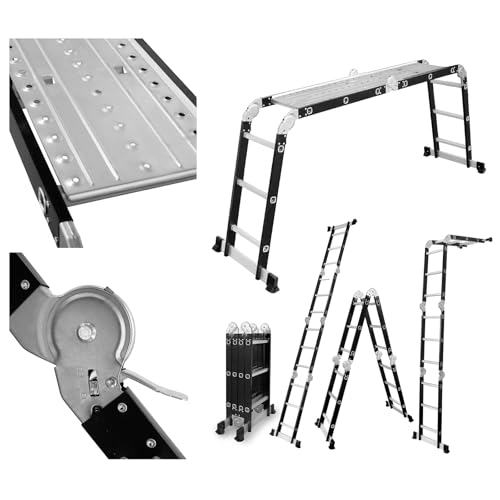 DRABEST - Gelenkleiter 4x3 Sprossen - mit Plattform, aus Aluminium und Stahl - Klappleiter, Aluleiter - Maximale Belastung bis 125 kg - Mehrzweckleiter, Ausziehleiter - 0,32 x 0,89 x 0,25 m