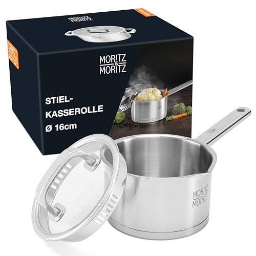 Moritz & Moritz Edelstahl Stielkasserolle mit Deckel 16cm - Für alle Herdarten geeignet - Skala bis 1,5L - Integriertes Sieb im Deckel - Induktions Topf für Suppen, Saucen, Reis und mehr