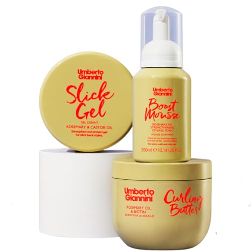 Umberto Giannini Curly Hair Routine Kit Strong Curls Strengthen + Hold for Curly, Coily, Wavy Hair - Includes Curl Cream, Mousse & Edge Gel
